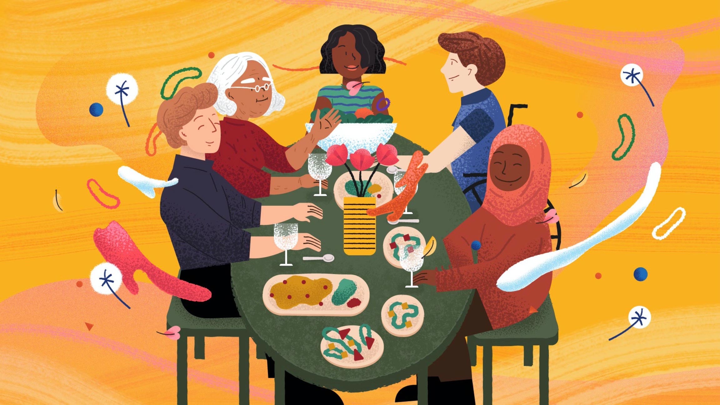 A diverse group of people around a dinner table